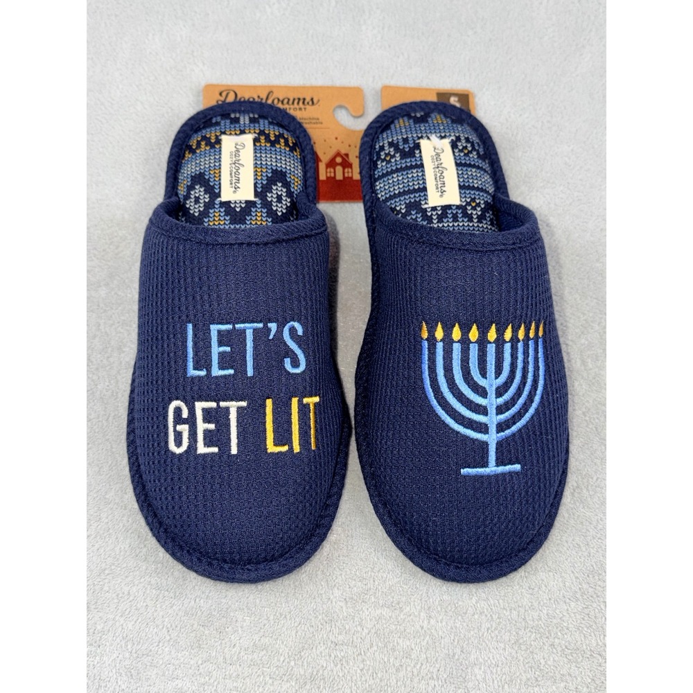 Dearfoams‎ Mens Small Chanukah Blue Let's Get Lit Menorah Slippers Memory Foam